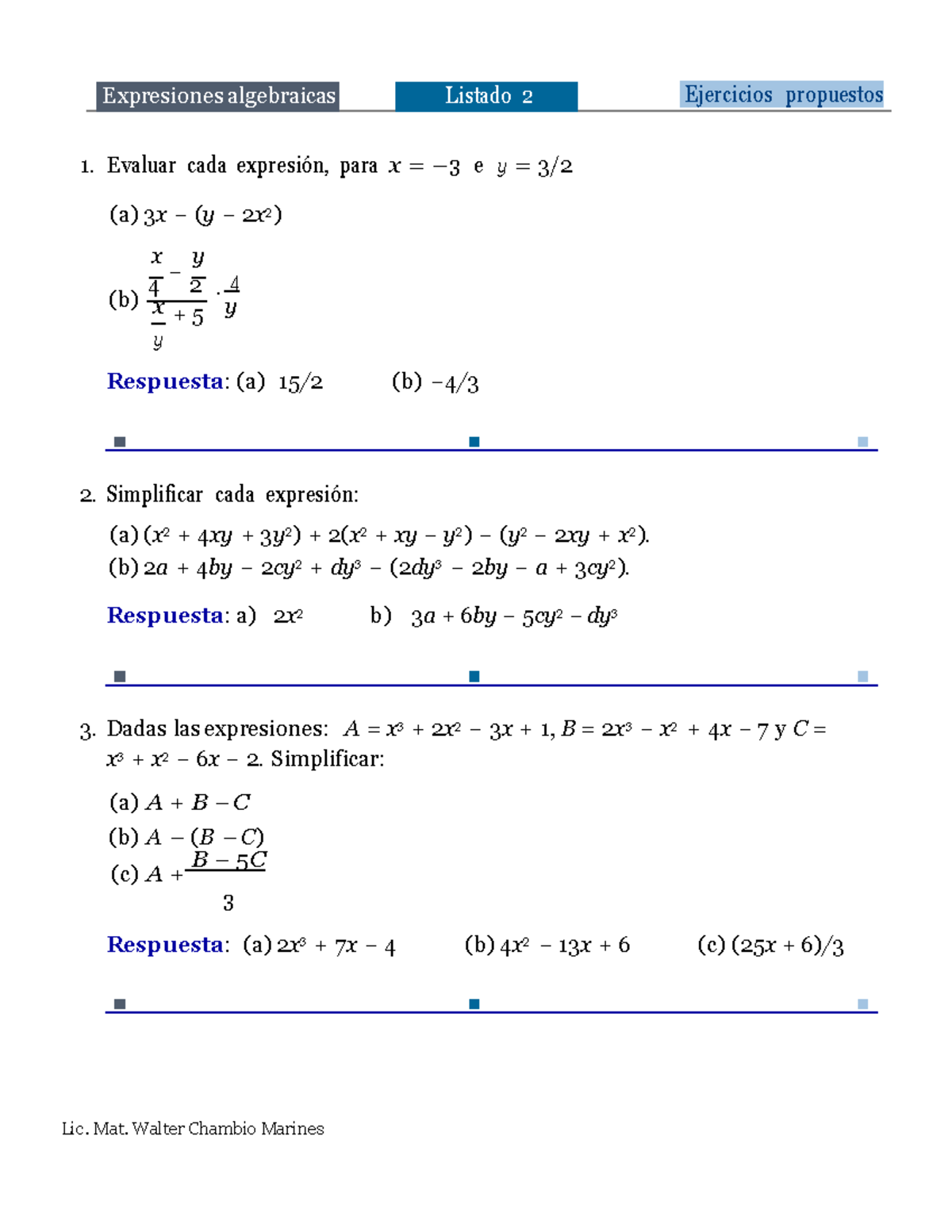 Listado 6: Ejercicios y Soluciones de Expresiones Algebraicas - Studocu