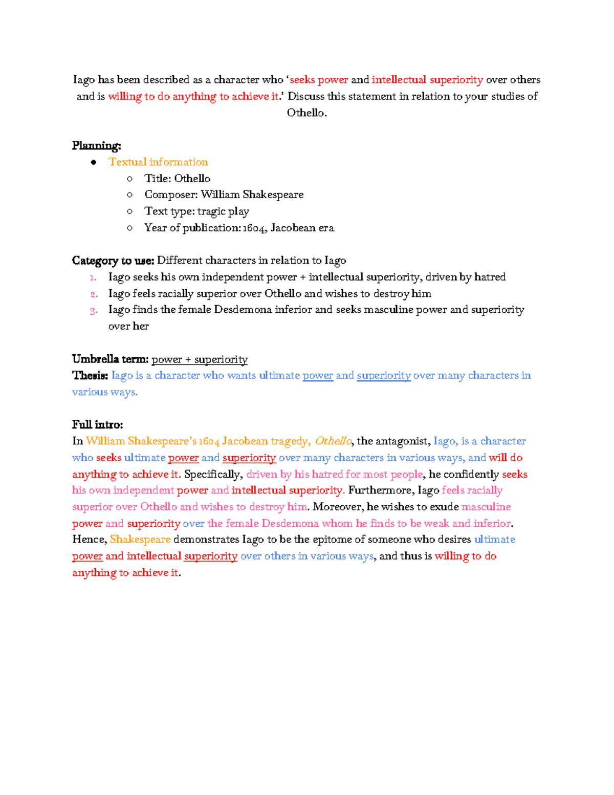 Othello (ENG 101) Essay Notes: Analyzing Iago's Quest for Power - Studocu