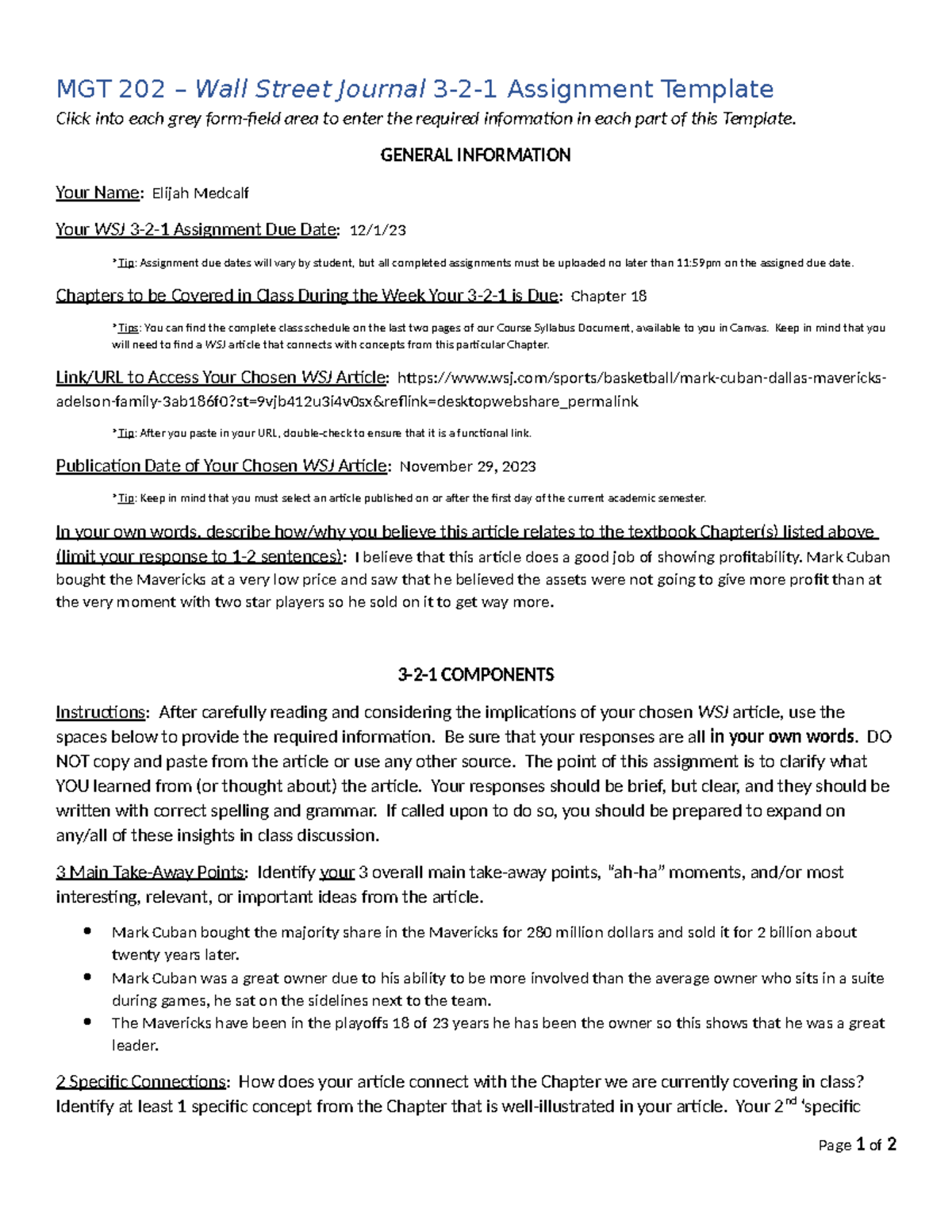 MGT 202 - WSJ 3-2-1 Assignment Template for Students - Studocu