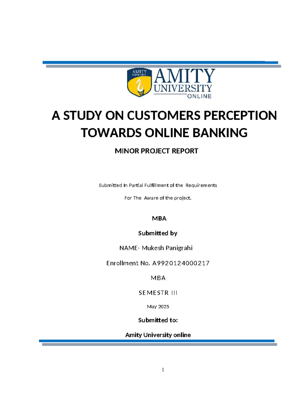 MBA Minor Project Report: Customer Perception of Online Banking - Studocu