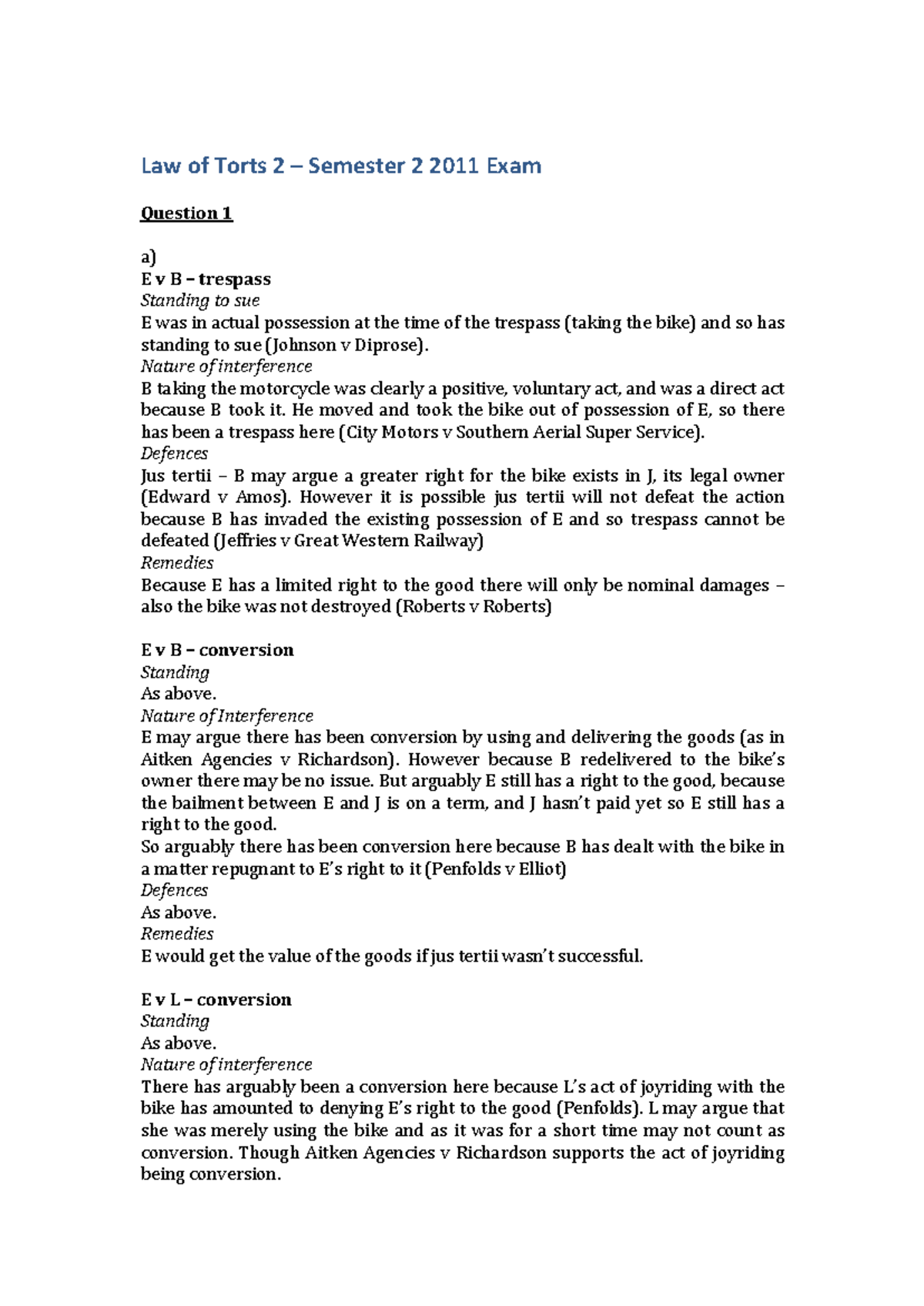 Tort Law 2 Semester 2 2011 Exam Questions and Answers - Studocu
