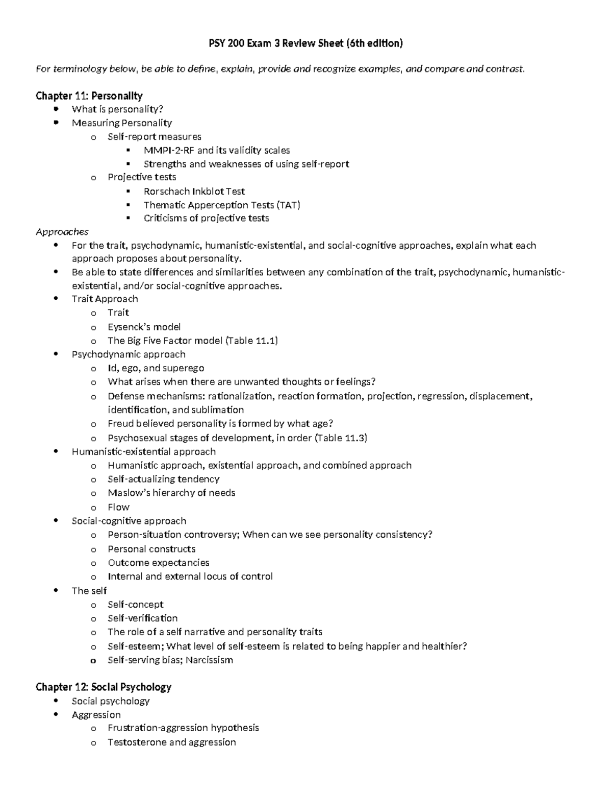 PSY 200 Exam 3 Review Sheet: Personality, Social Psych & Disorders ...