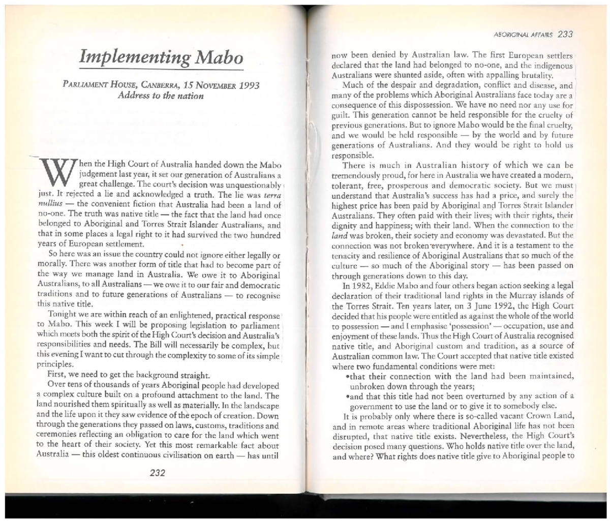 Mabo Decision and Native Title: Address by Keating, 1993 - Studocu