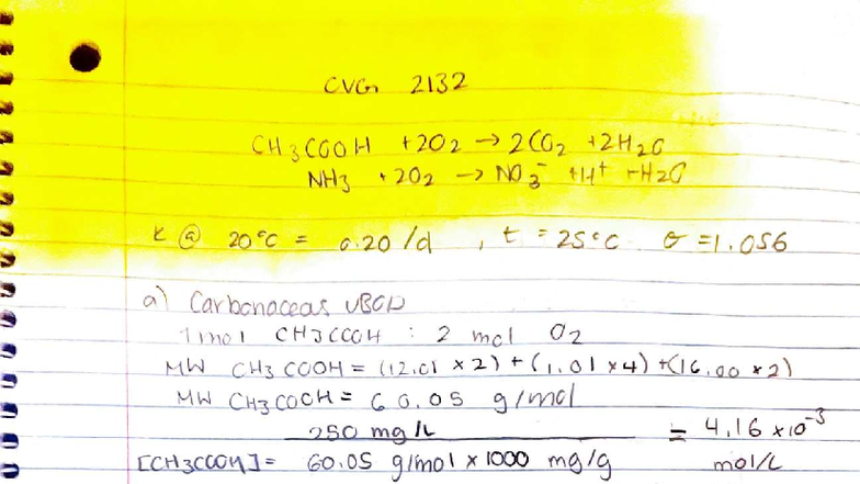CVG 2132 Homework: Carbonaceous and Nitrogen BOD Calculations - Studocu