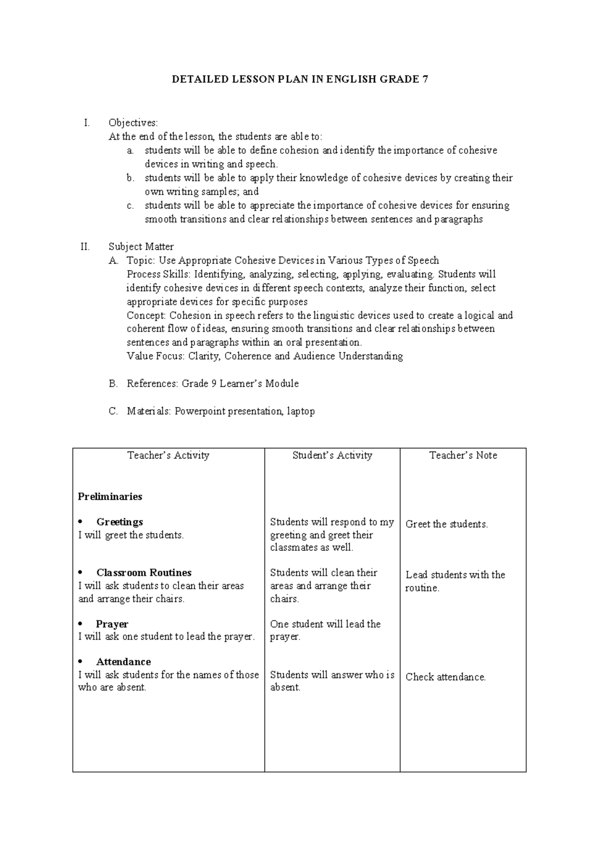 Detailed Lesson Plan: Cohesive Devices in English Grade 7 - Studocu