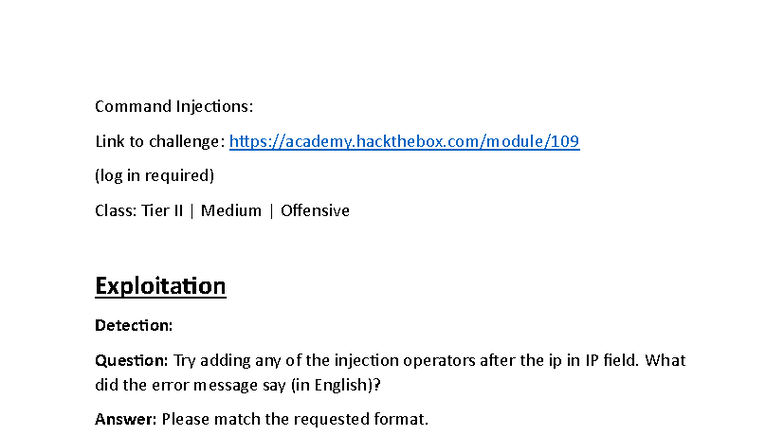Command Injections: Tier II Medium Offensive Exploitation Guide - Studocu