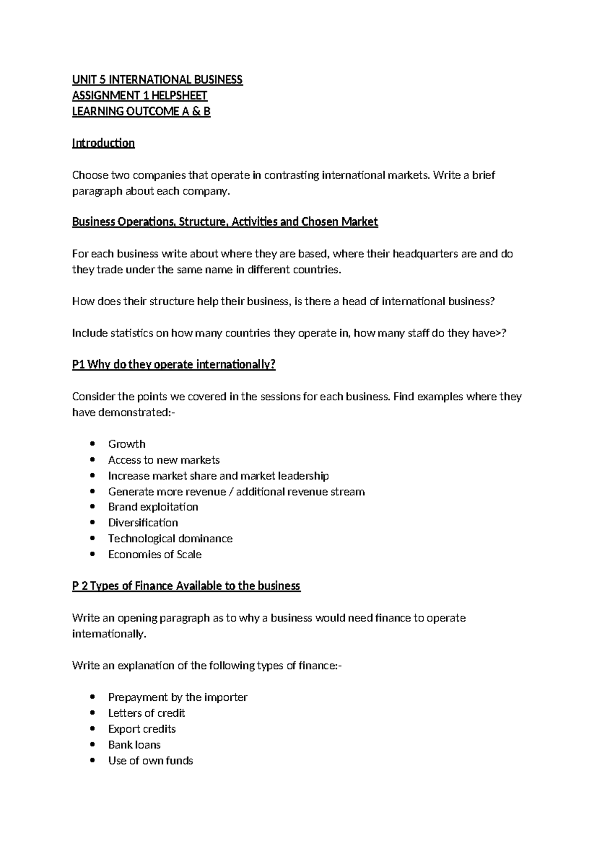 International Business Helpsheet - Assignment 1 Overview (UNIT 5) - Studocu