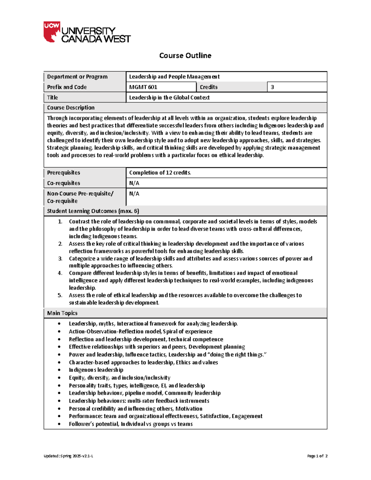 MGMT 601 Course Outline: Leadership in a Global Context - Studocu