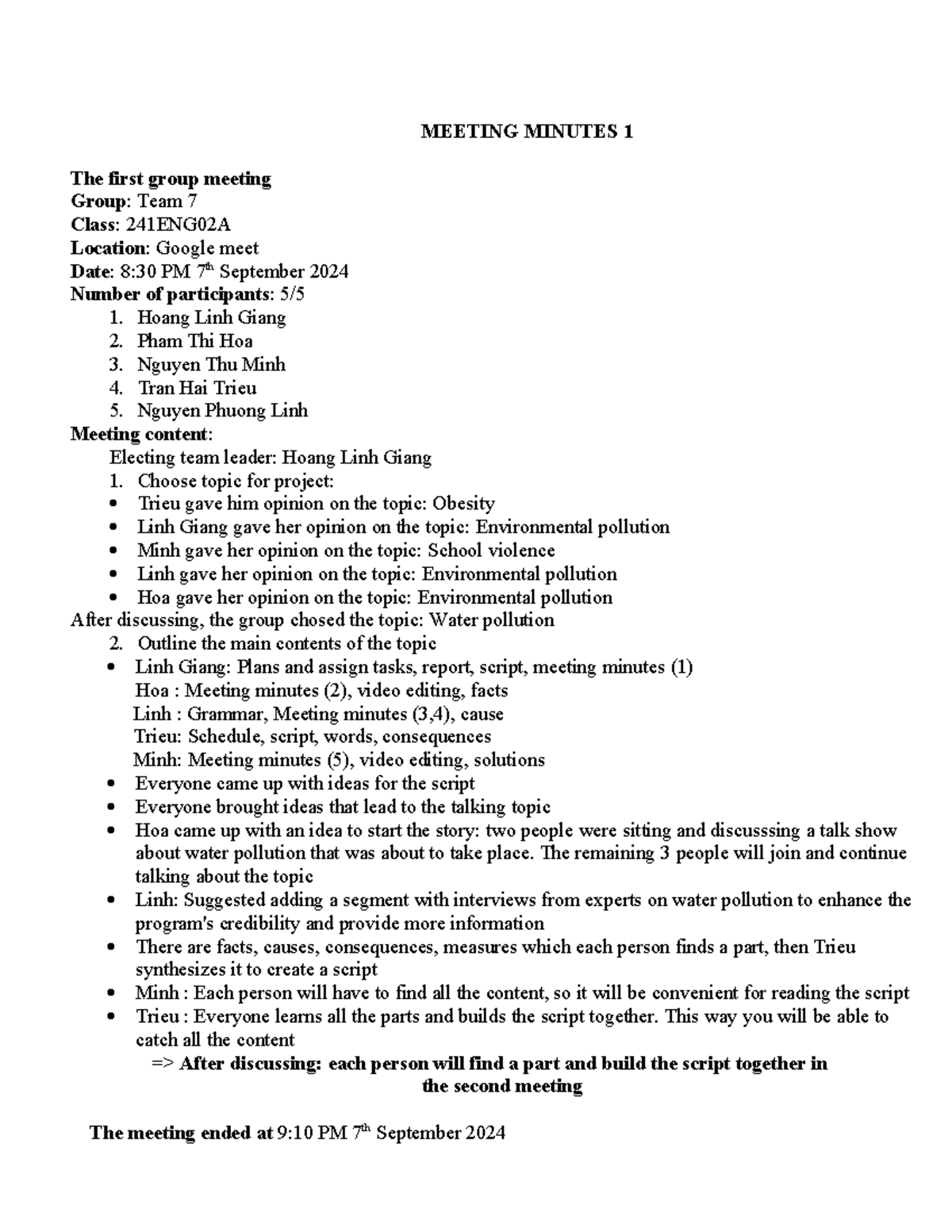Meeting Minutes 1 - Team 7 Discussion on Water Pollution (24 1ENG02A ...