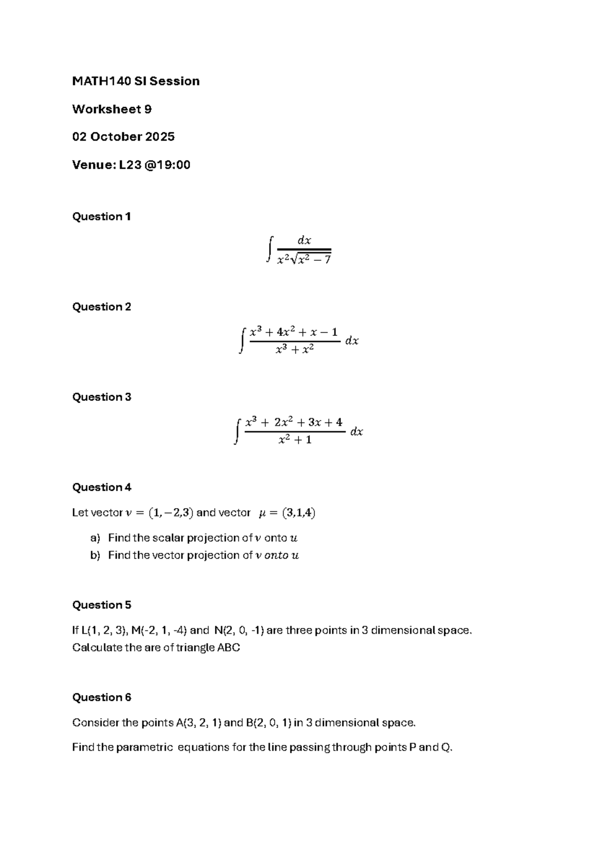 MATH140 SI Session Worksheet 9 - Calculus & Dot Product Concepts - Studocu