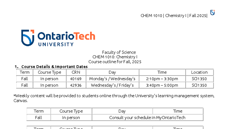 CHEM 1010: Chemistry I Fall 2025 Course Syllabus and Outline - Studocu