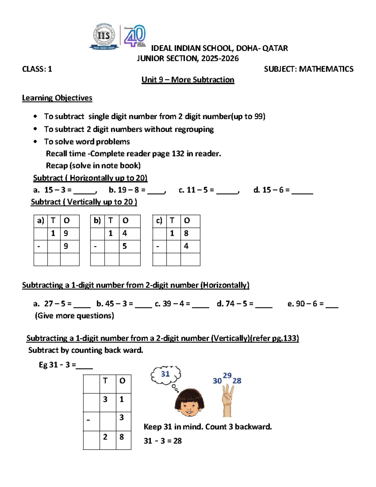 Mathematics Unit 9: More Subtraction for Class 1 - I.I.S. Qatar - Studocu