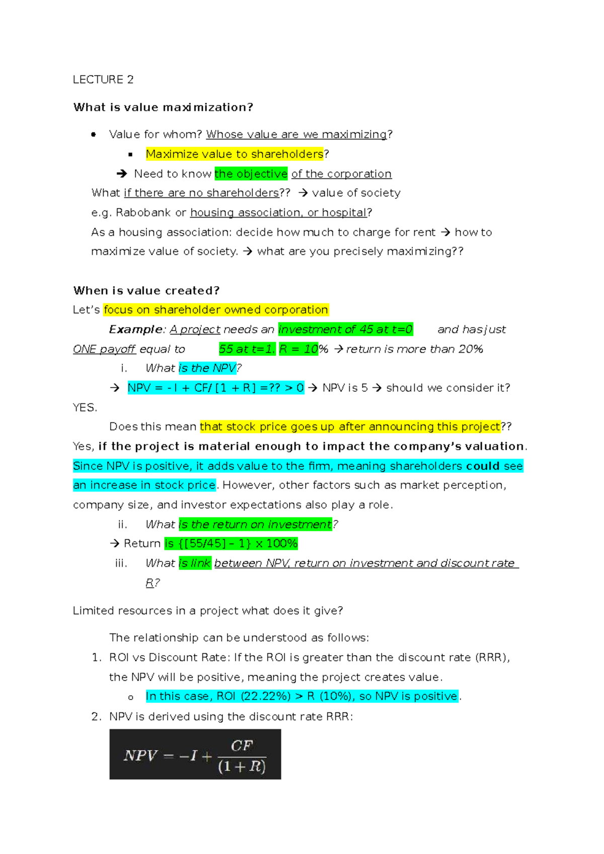 LECTURE 2: Understanding Value Maximization and NPV Analysis - Studeersnel