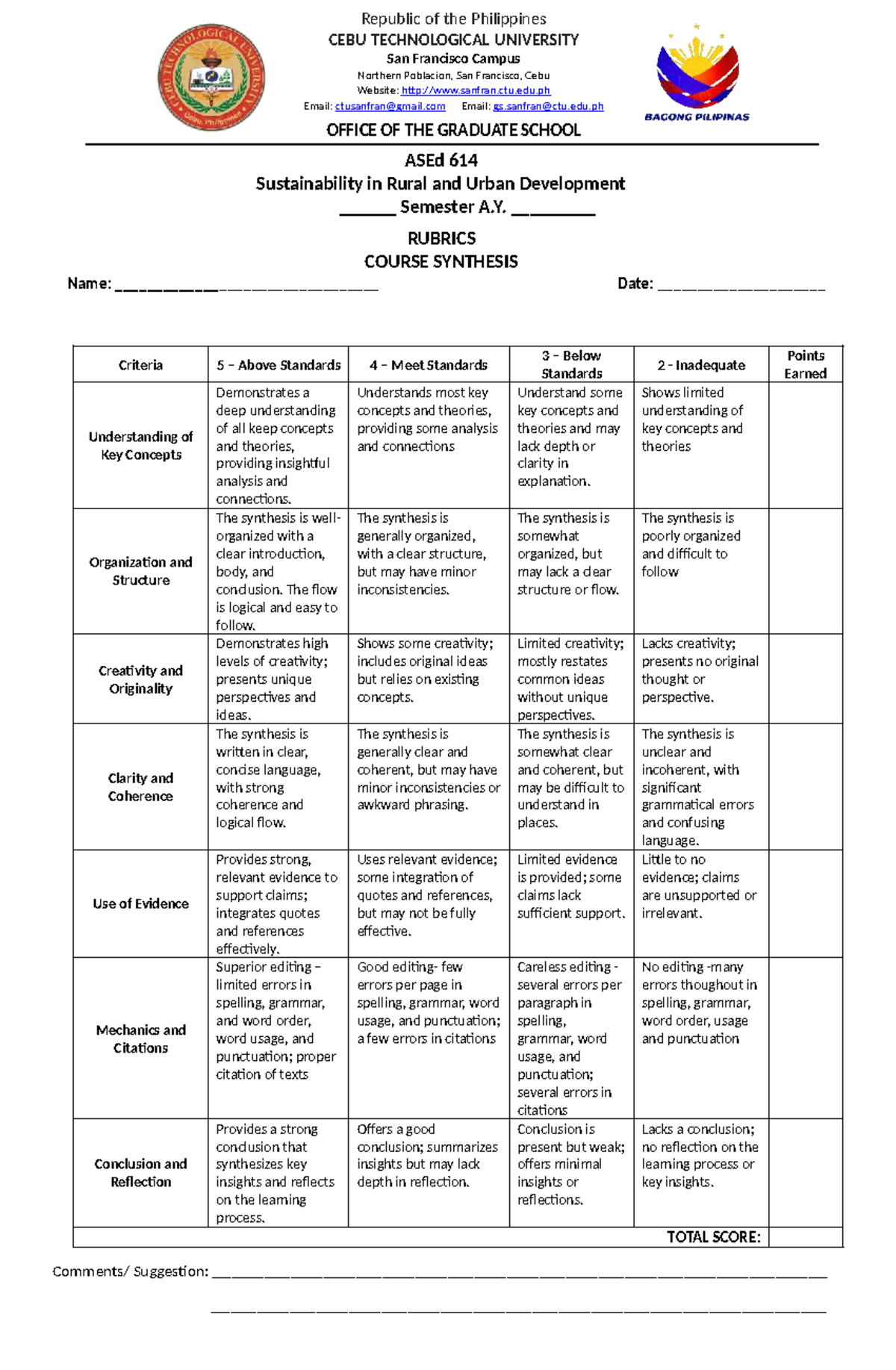 ASEd 614 Course Synthesis Rubric: Understanding & Evaluation - Studocu