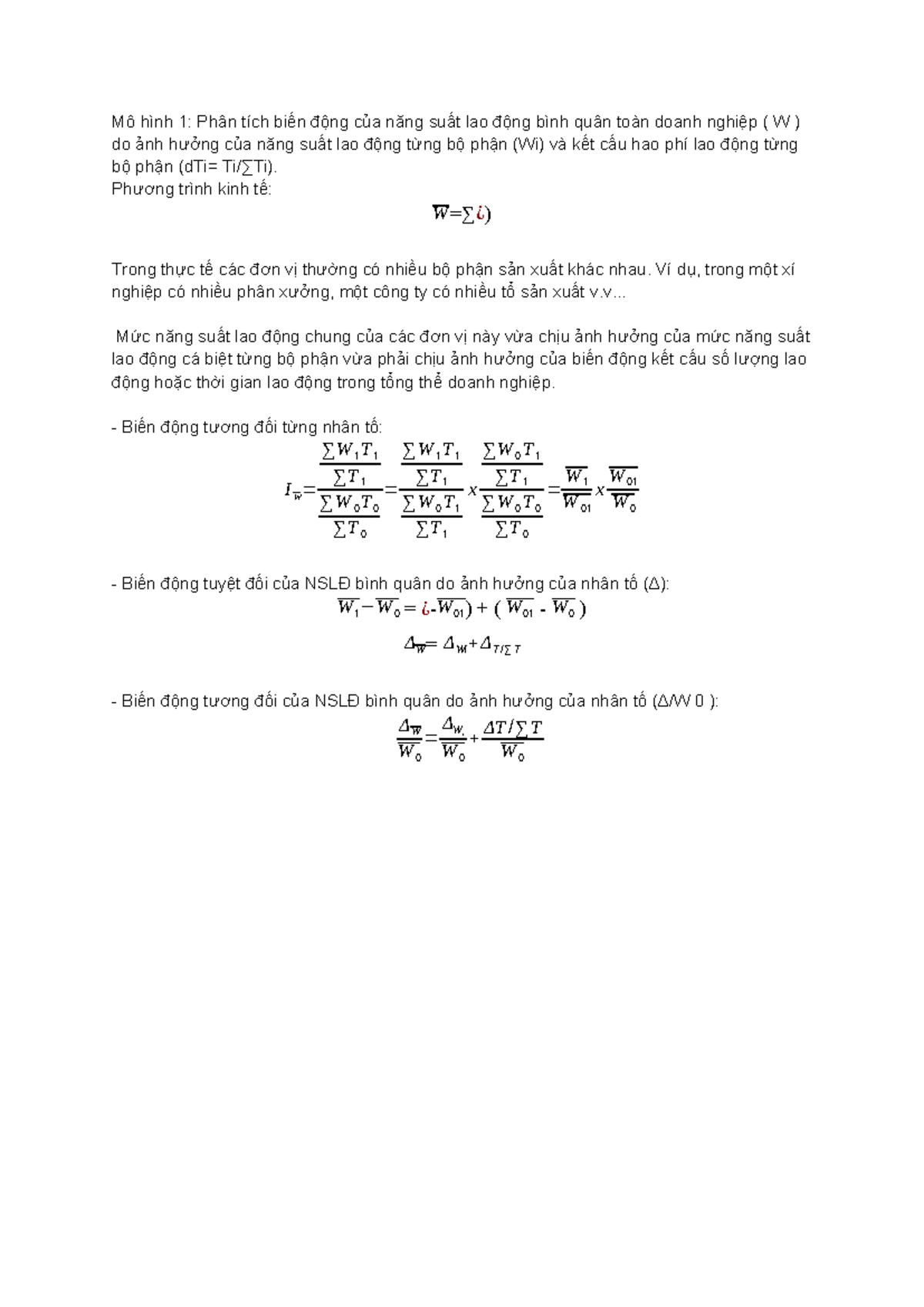 Mô hình 1: Phân tích Năng suất Lao động Bình quân (W) - Studocu