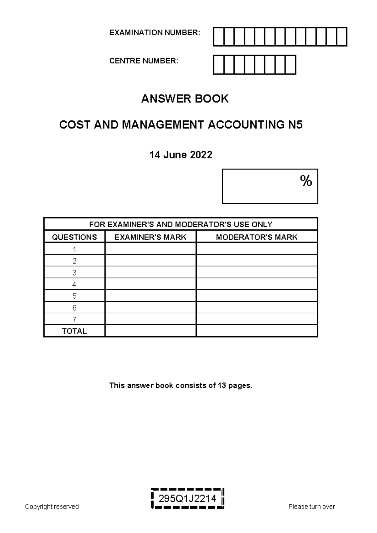 COST AND MANAGEMENT ACCOUNTING N5 EXAM ANSWER BOOK - JUNE 2022 - Studocu
