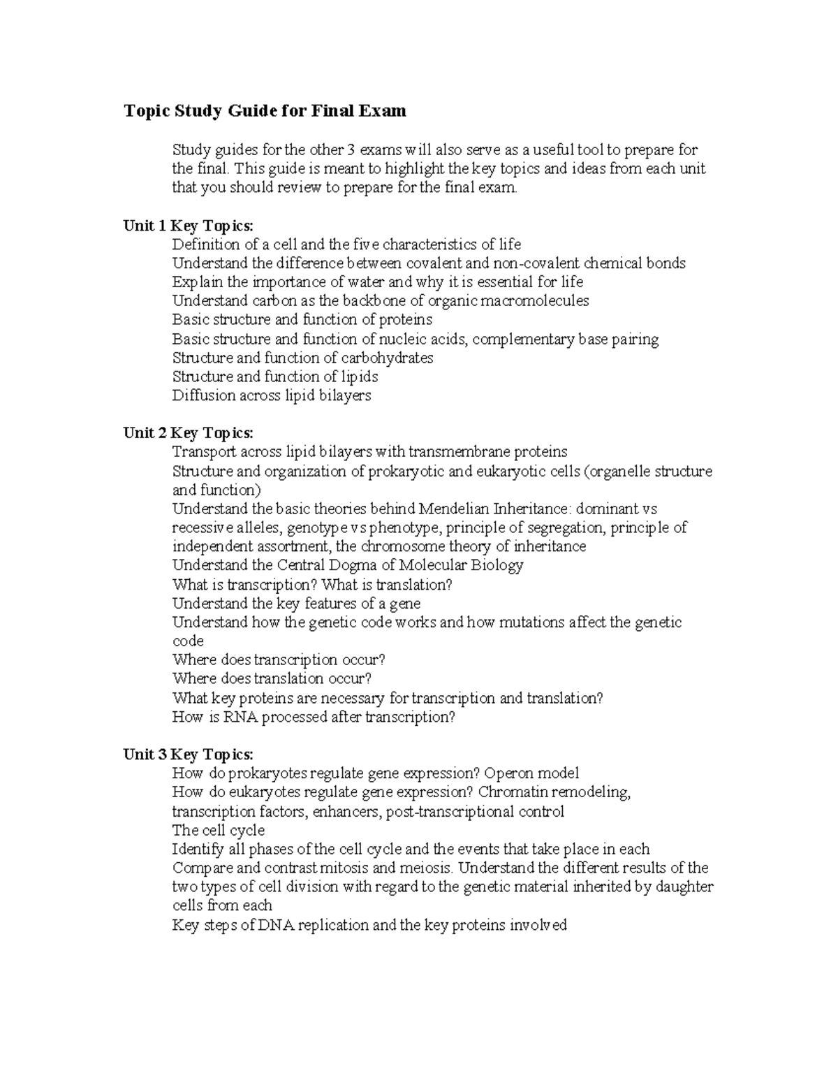 Biology 101 Final Exam Study Guide - Studocu