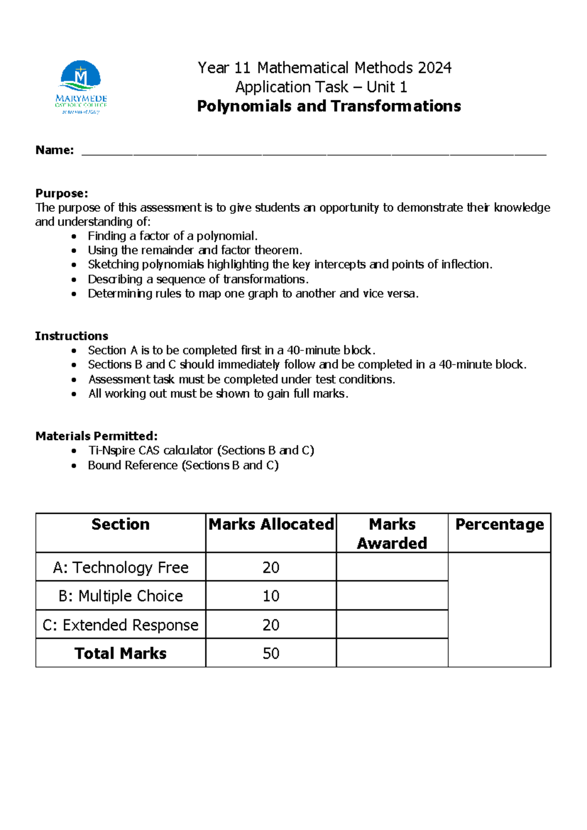 2024 - Year 11 Mathematical Methods Unit 1 Polynomials ...