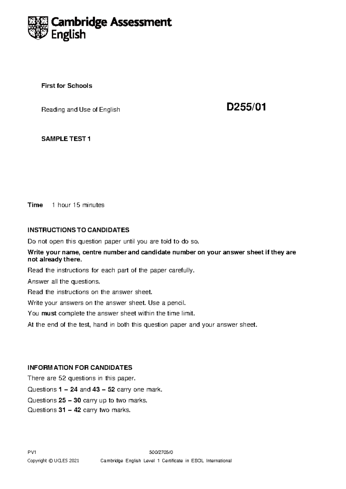 B2 First for Schools Reading and Use of English Sample Test 1 - Studocu