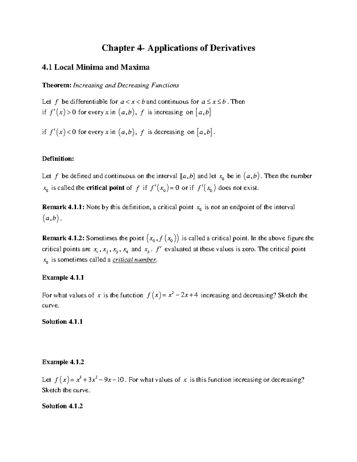 STA102 Chapter 4 Applications of Derivatives and Critical Points - Studocu