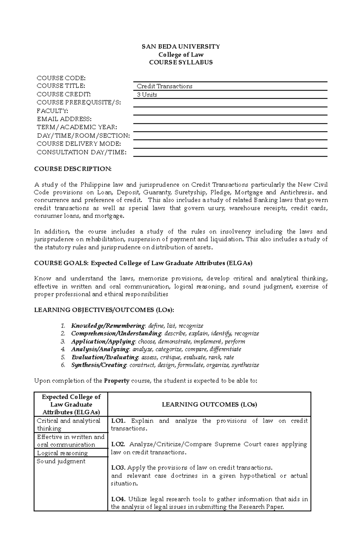 Syllabus for Credit Transactions (2023) - SAN BEDA UNIVERSITY Law - Studocu