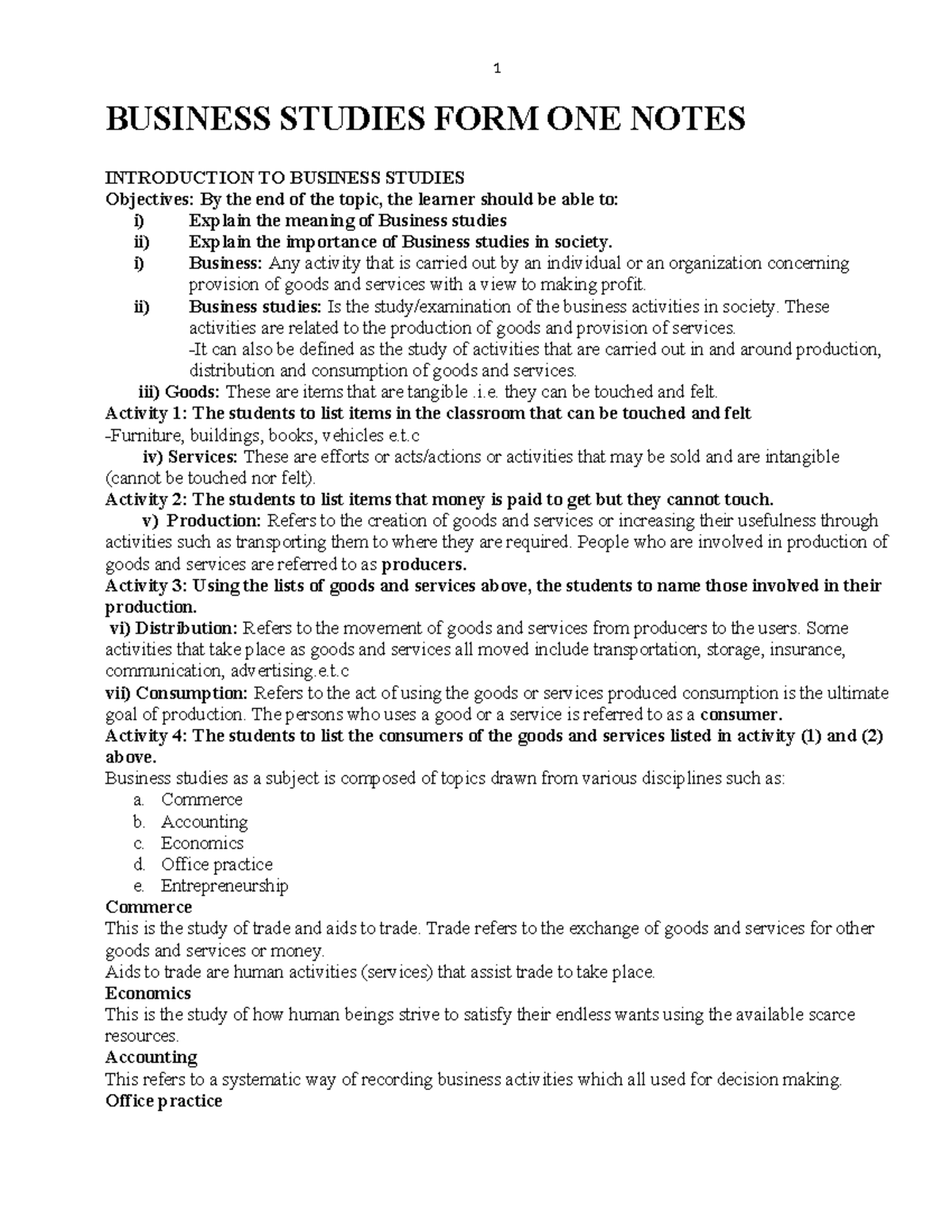 Business Studies Form 1 Notes: Essential Concepts and Principles - Studocu