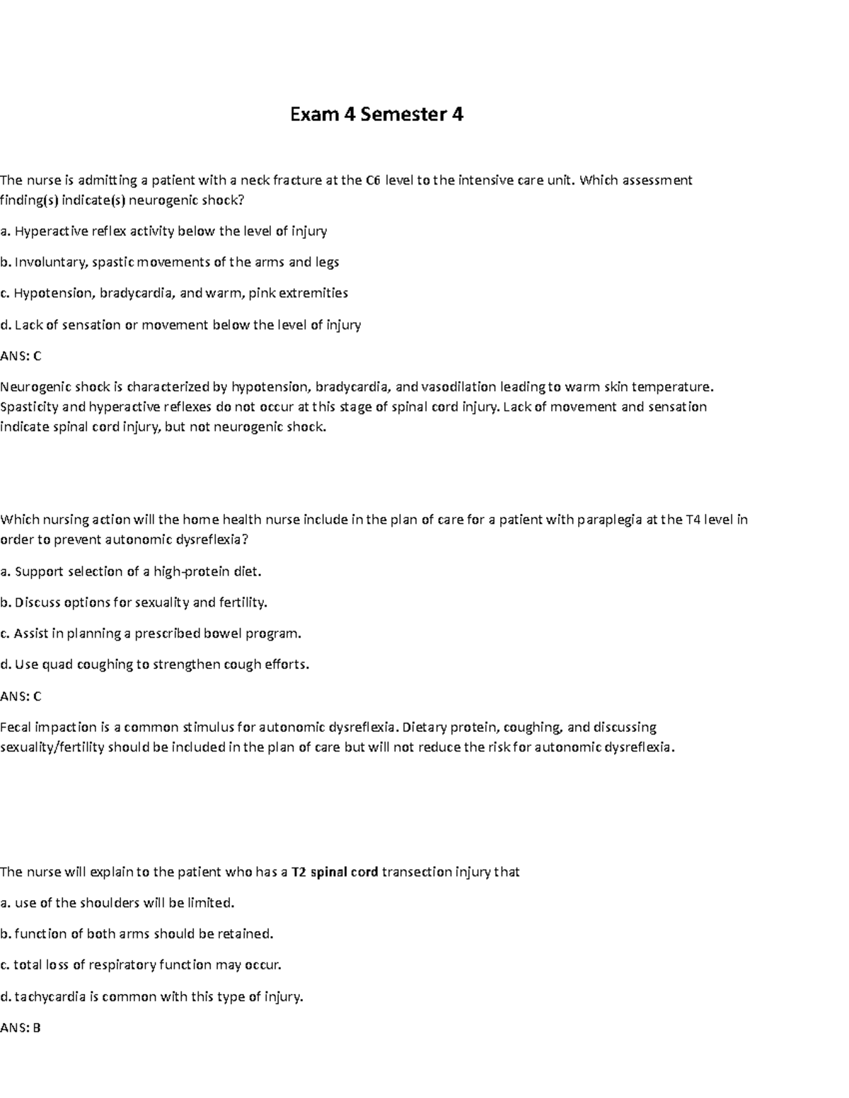 Midterm Exam Review Notes for Course XYZ 101: Spinal Cord Injury ...