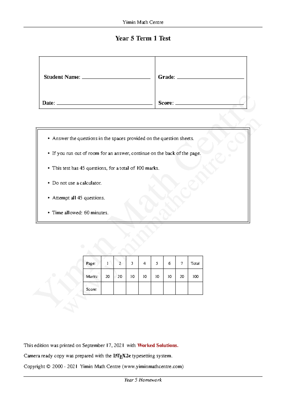 Year 5 Term 1 Maths Test - Practice Questions & Guidelines - Studocu