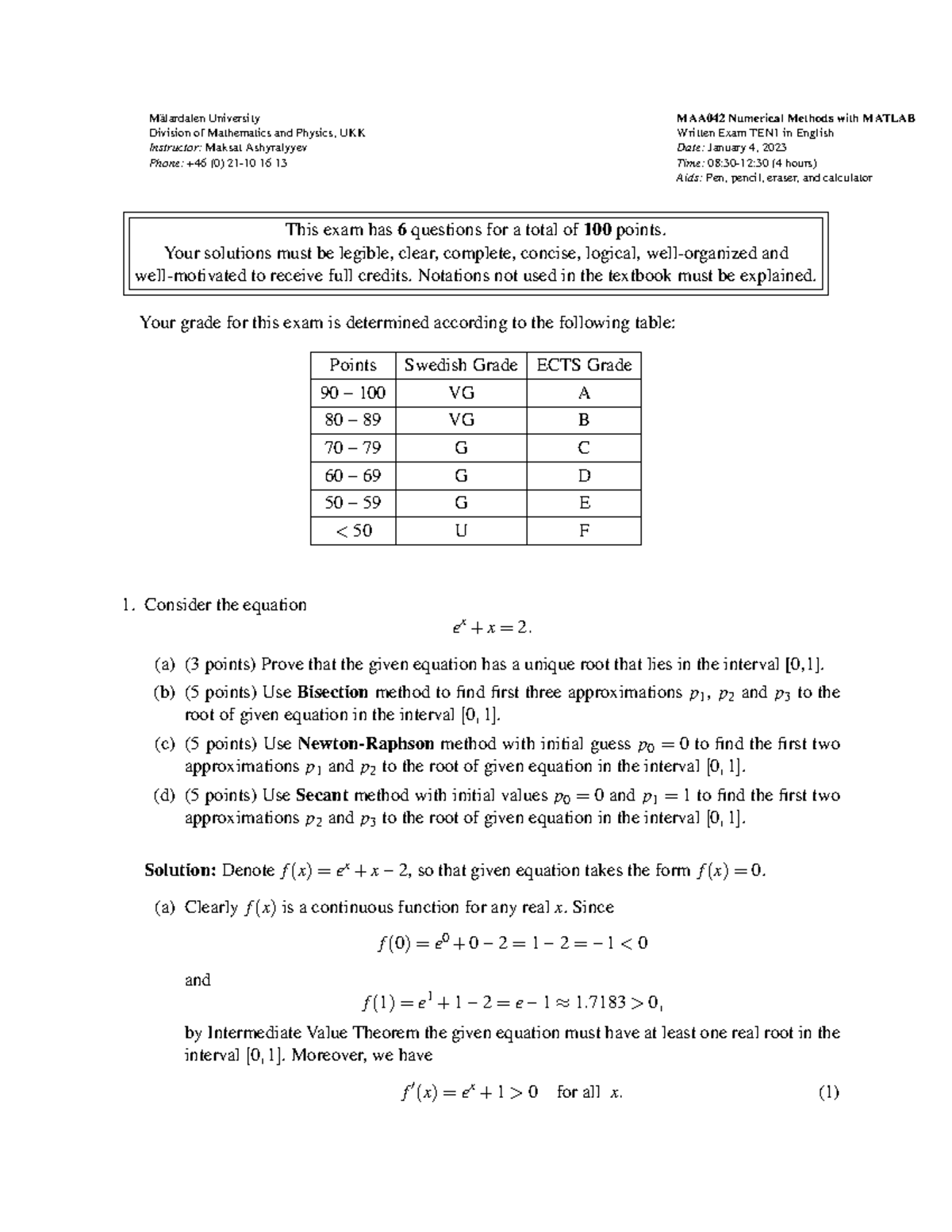 MAA042 Numerical Methods with MATLAB - Exam TEN1 Solutions (2023) - Studocu
