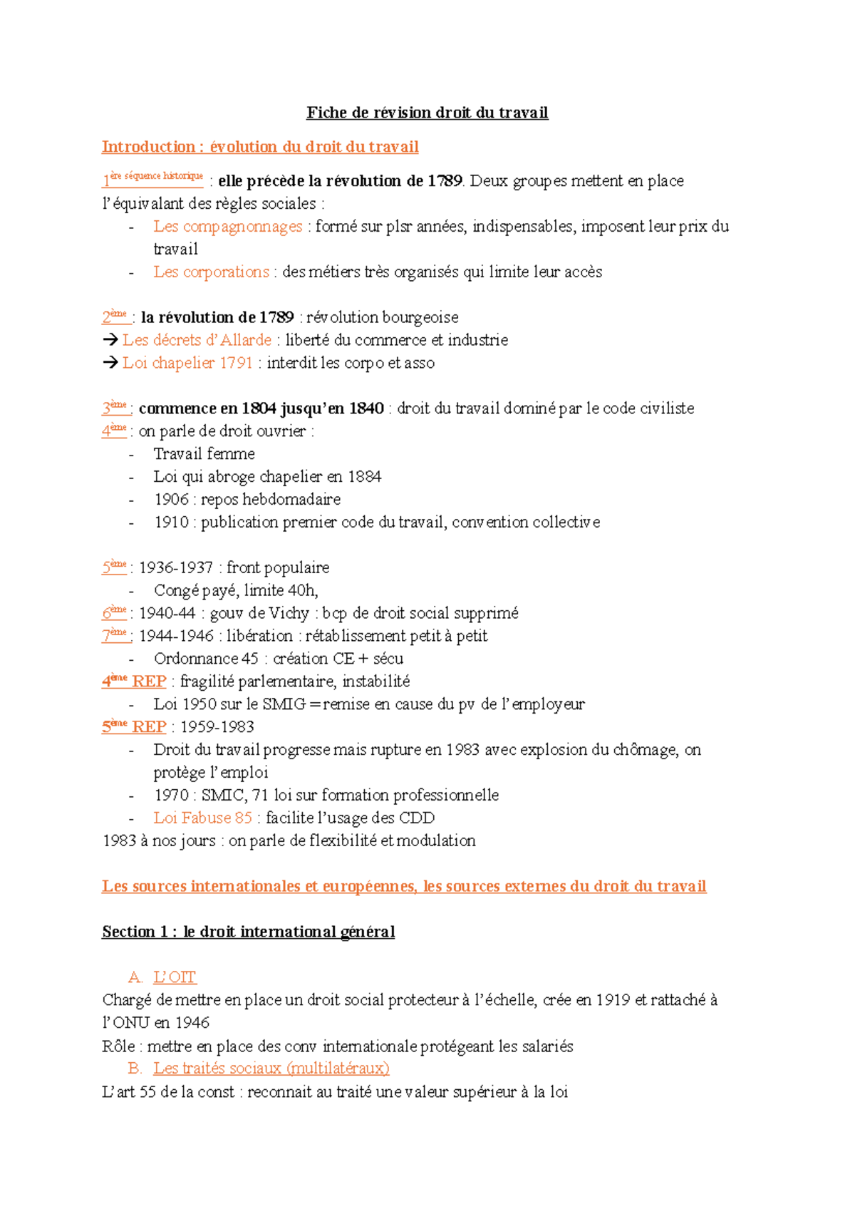 Fiche de Révision Droit du Travail - Histoire et Évolution des Lois ...