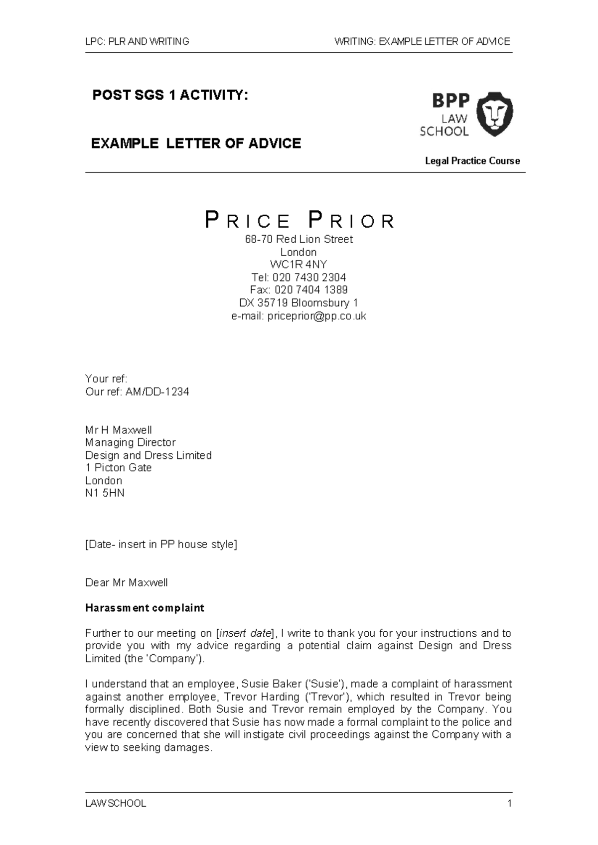 LPC: PLR Writing - Example Legal Advice Letter to Client - Studocu