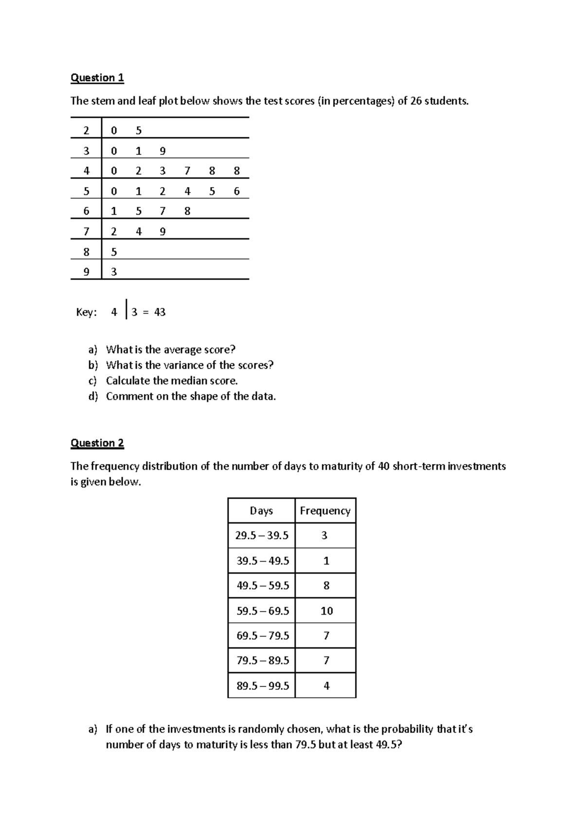 Test 1 Revision - Questions on Statistics and Probability - Studocu