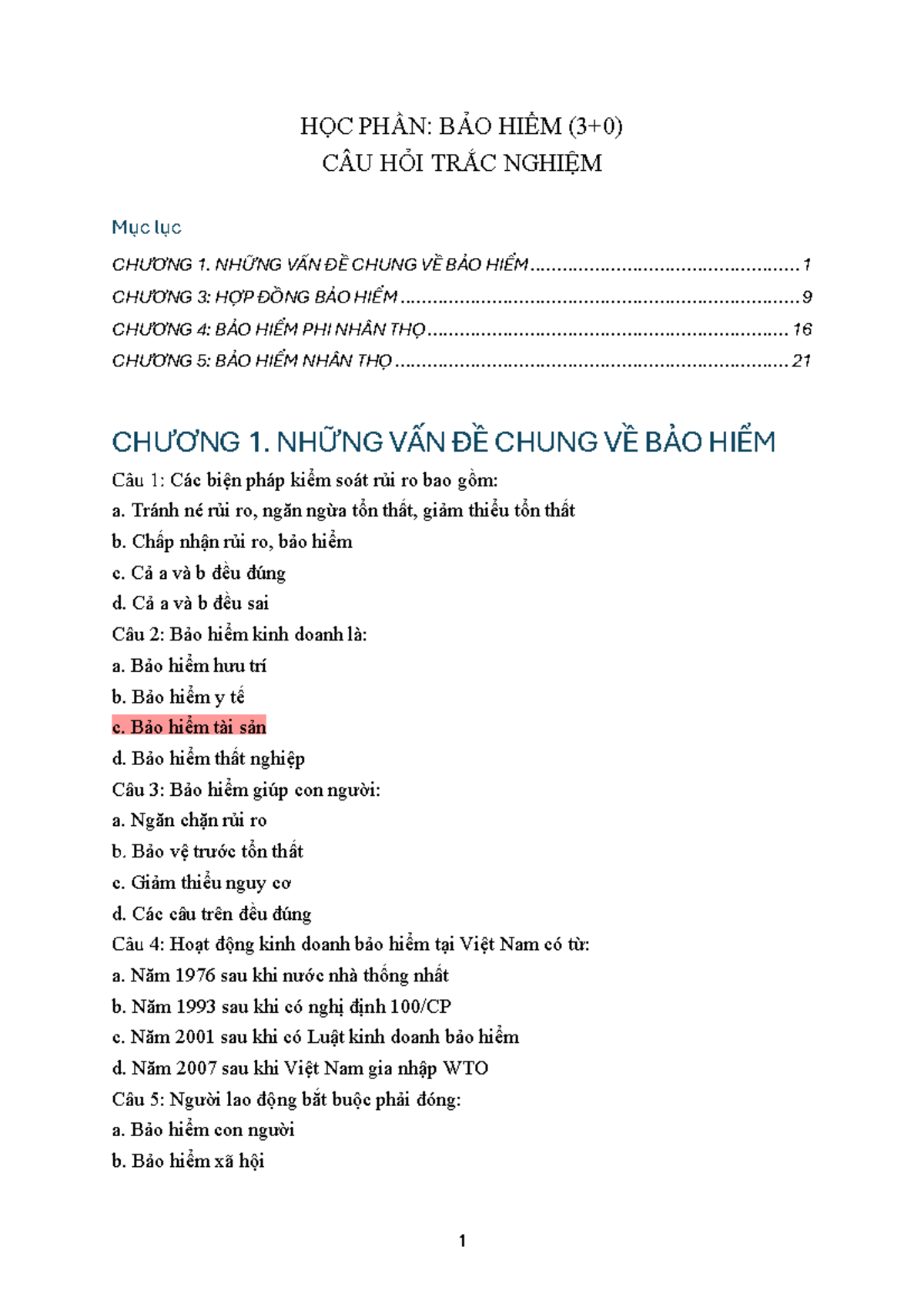 Câu hỏi trắc nghiệm ôn tập Bảo hiểm (HỌC PHẦN: BẢO HIỂM) - Document Preview