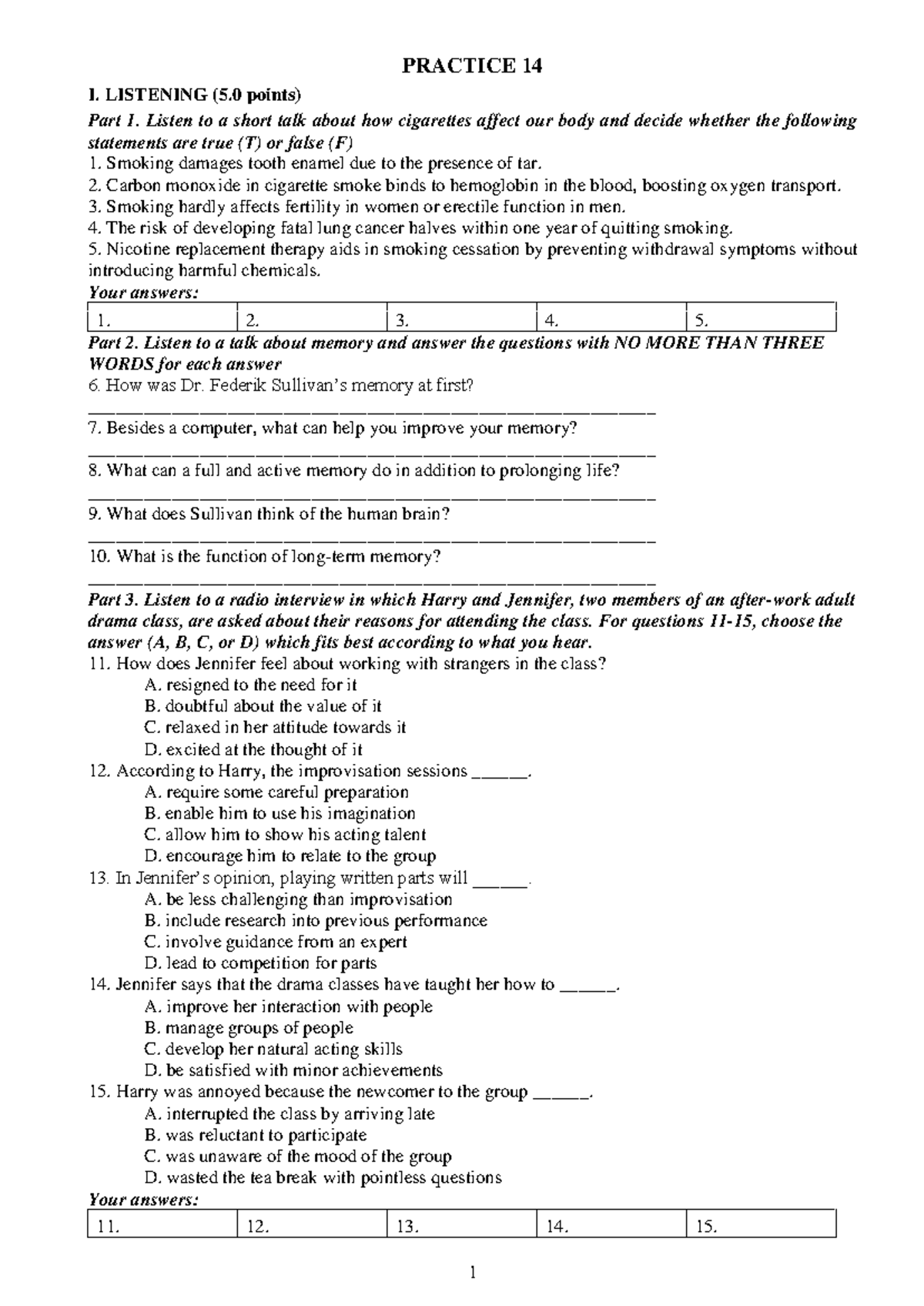 Practice 14 - Listening Comprehension and Answer Key - Studocu