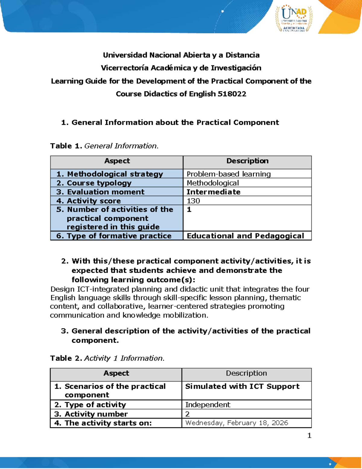 Guide for the Development of Practical Component - Didactics of English ...