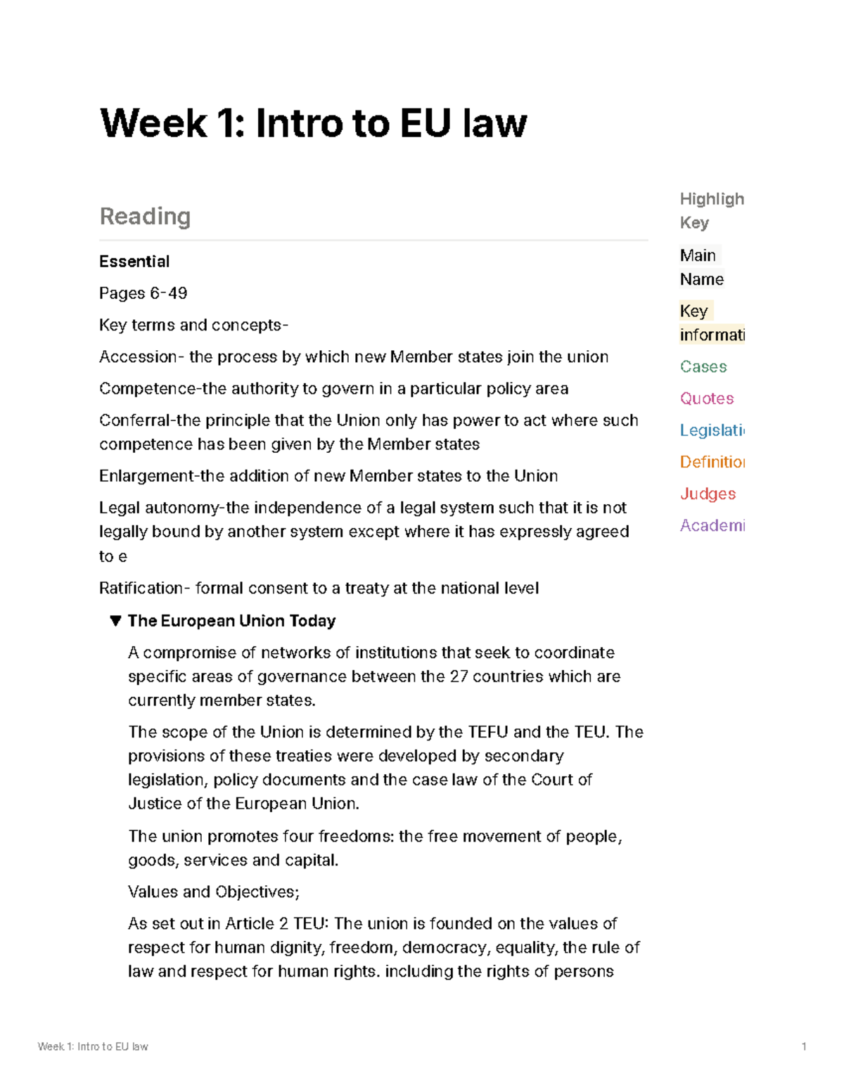 Week 1: Intro to EU Law - Key Concepts, Institutions, and Treaties ...