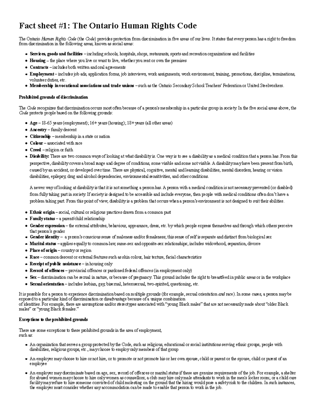 Week 3 Unit 2 Fact sheet #1 The Ontario Human Rights Code - Fact sheet ...