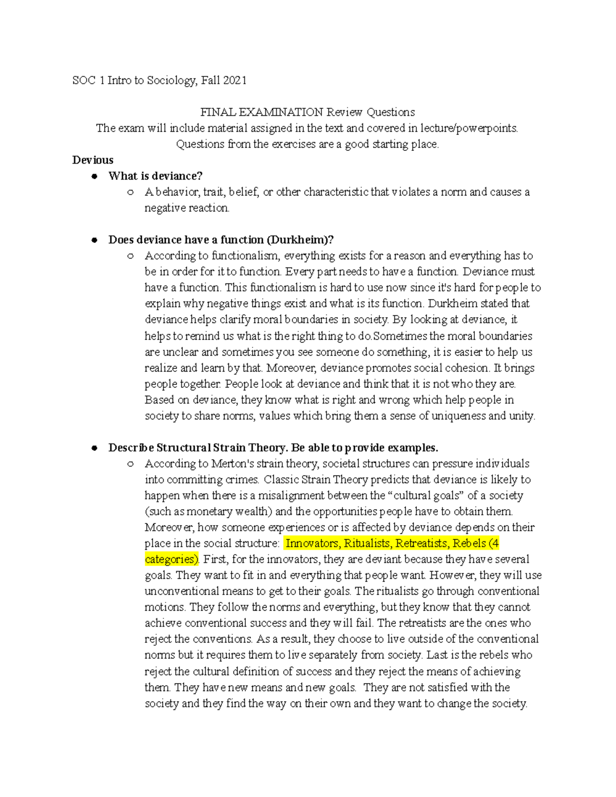 Sociolgy final final - SOC 1 Intro to Sociology, Fall 2021 FINAL ...