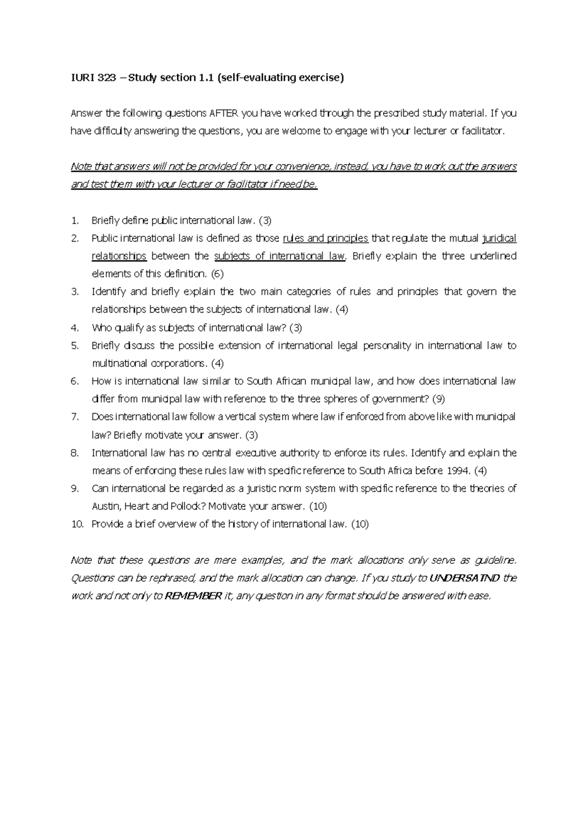 IURI 323 2021 Study Section 1.1 Self-Evaluating Exercise - Studocu