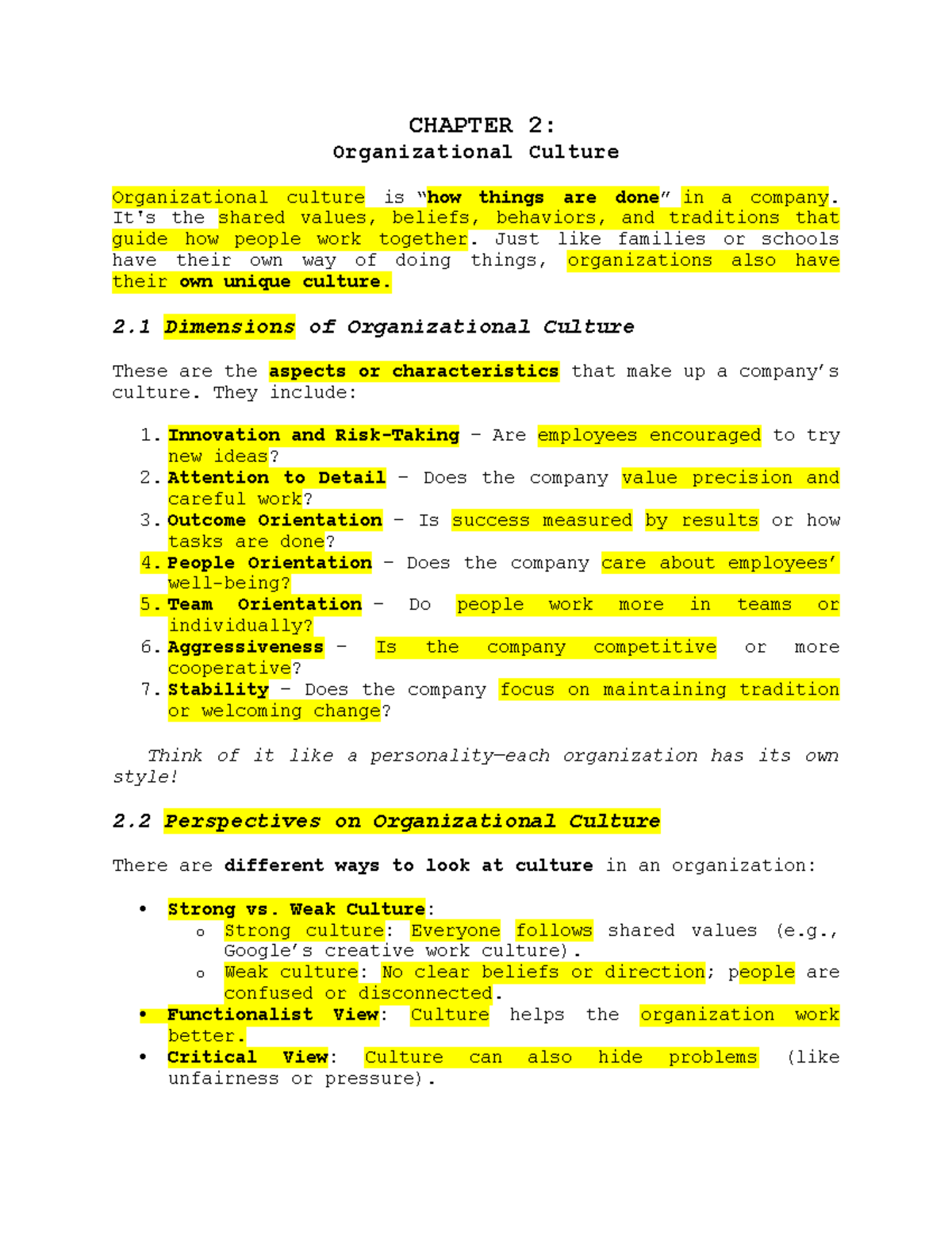HBO CHAPTER 2: Understanding Organizational Culture and Its Impact ...