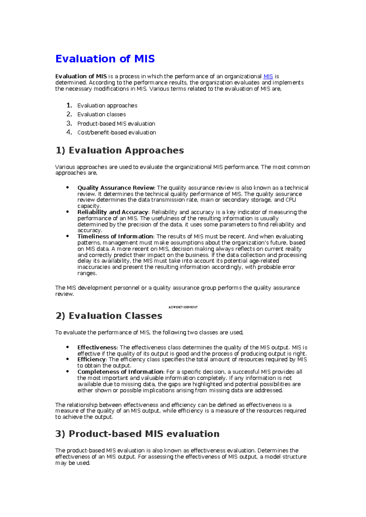 Evaluation of MIS: Performance Assessment and Security Measures - Studocu