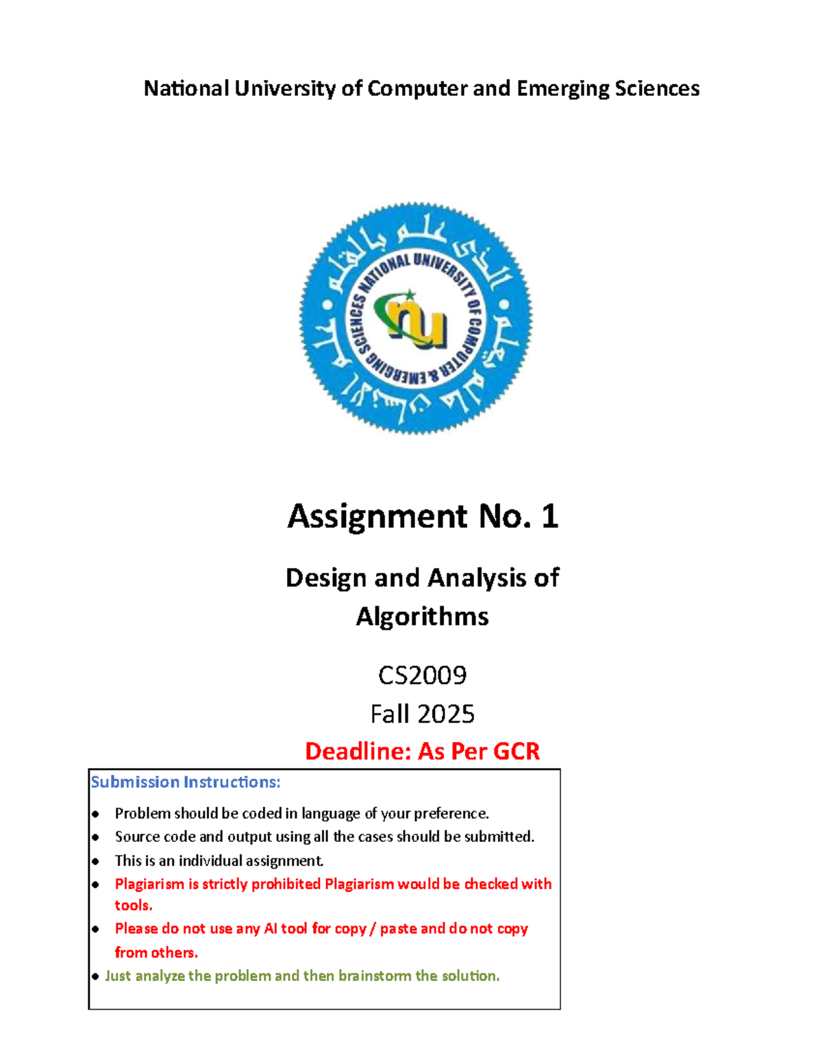 CS2009 Fall 2025: Analysis of Algorithms Assignment 1 - Studocu