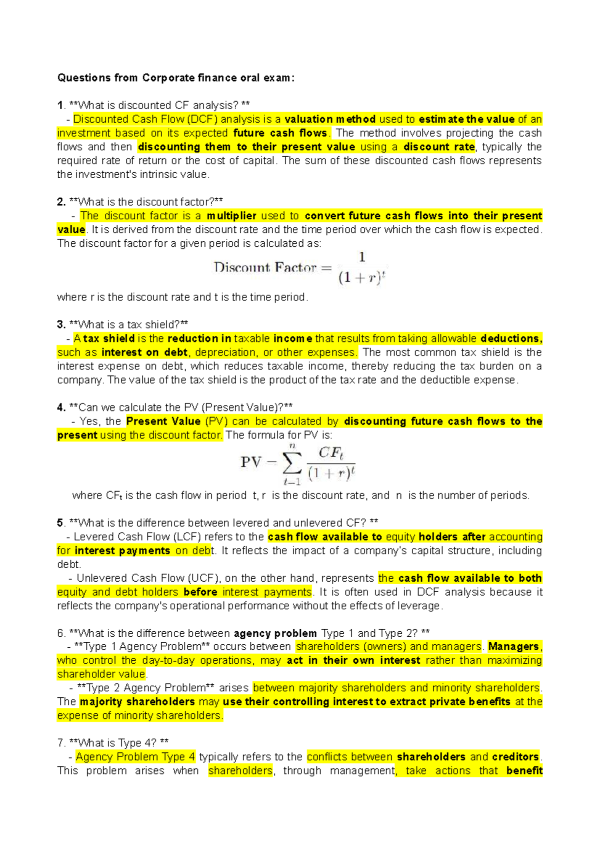 Corporate Finance Exam Questions: Key Concepts and Theories - Studocu