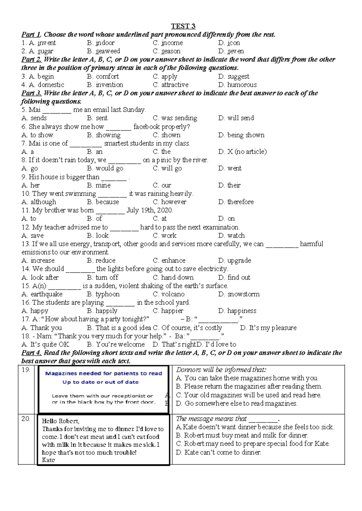 TEST 3 - Listening and Reading Comprehension Practice - Studocu