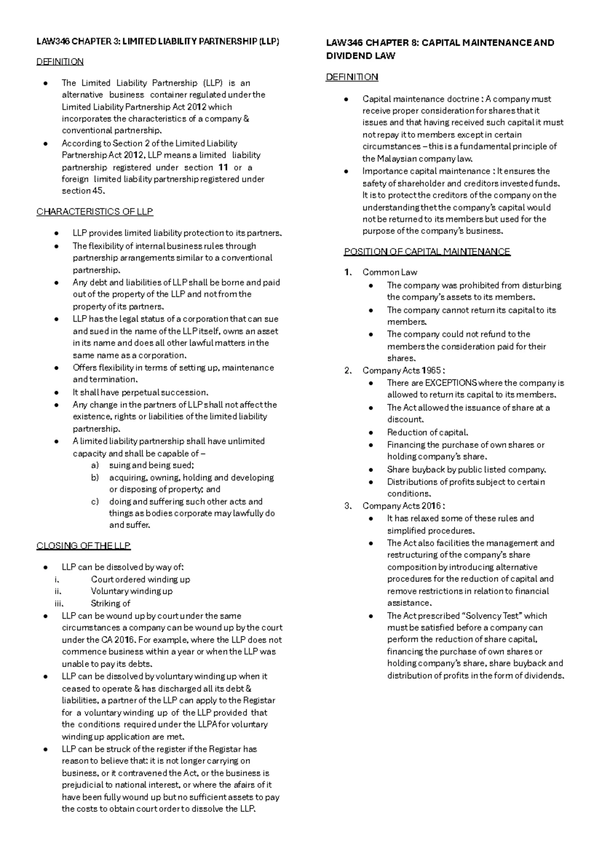 LAW 346 notes - finals - LAW346 CHAPTER 3: LIMITED LIABILITY ...