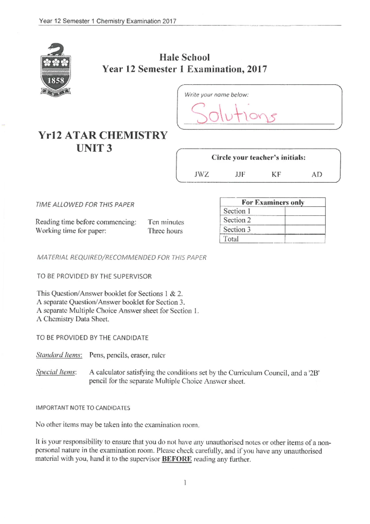 Year 12 ATAR Chemistry Unit 3 - 2018 Semester 1 Exam Paper - Studocu
