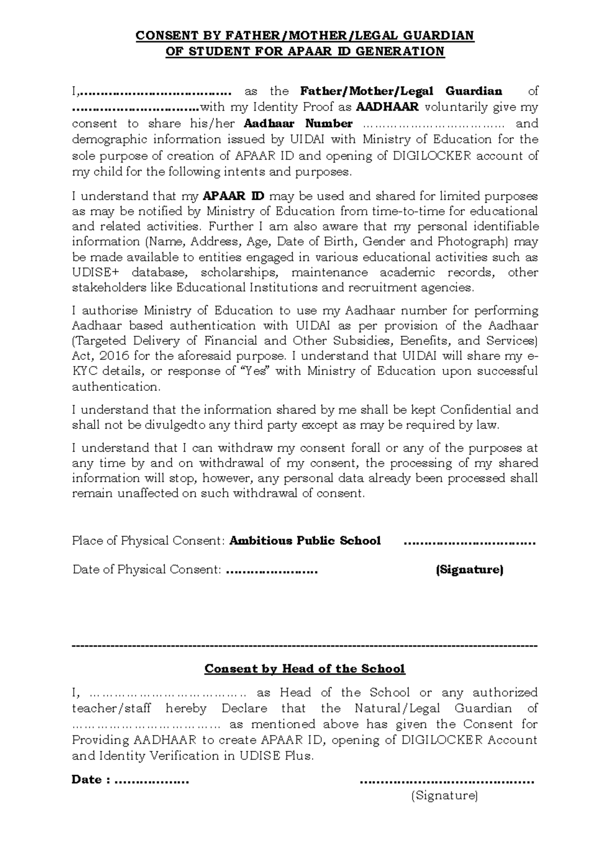 Consent Form for APAAR ID Generation and DIGILOCKER Account - Studocu