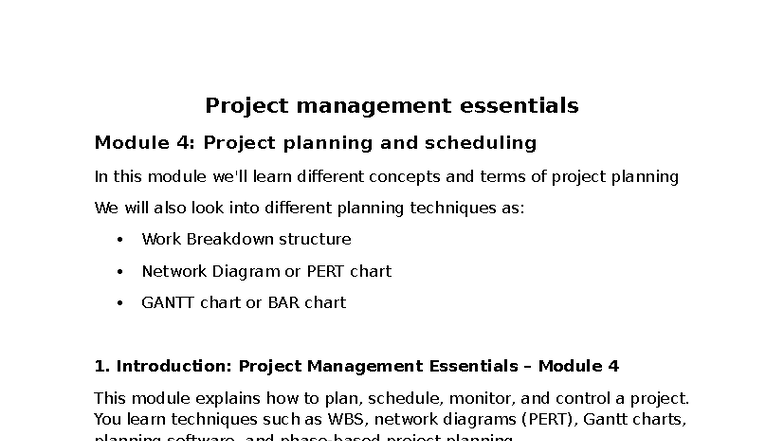 Samenvatting Project Management Essentials: Module 4 - Planning ...