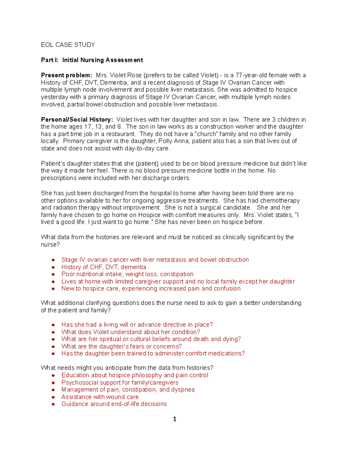 EOL Case Study #4: Initial Nursing Assessment of Mrs. Violet Rose - Studocu