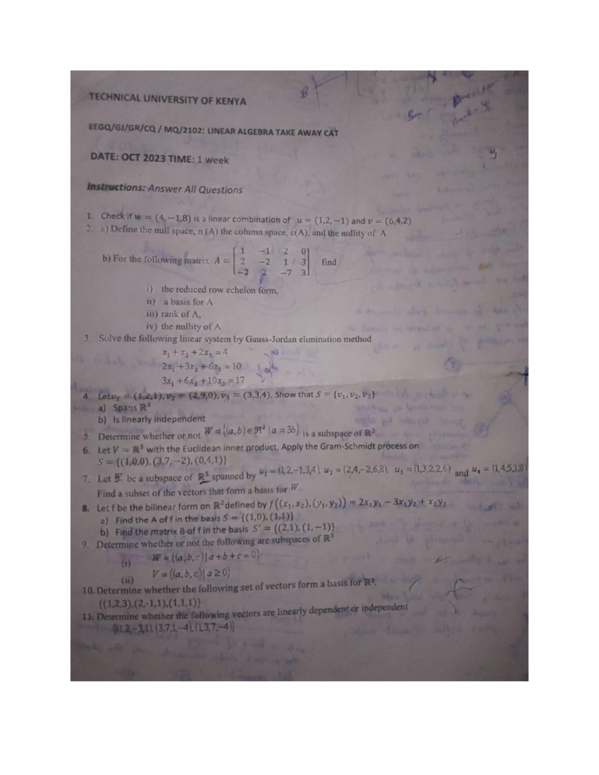 Linear Algebra CAT B - Technical University of Kenya (OCT 2023) - Studocu